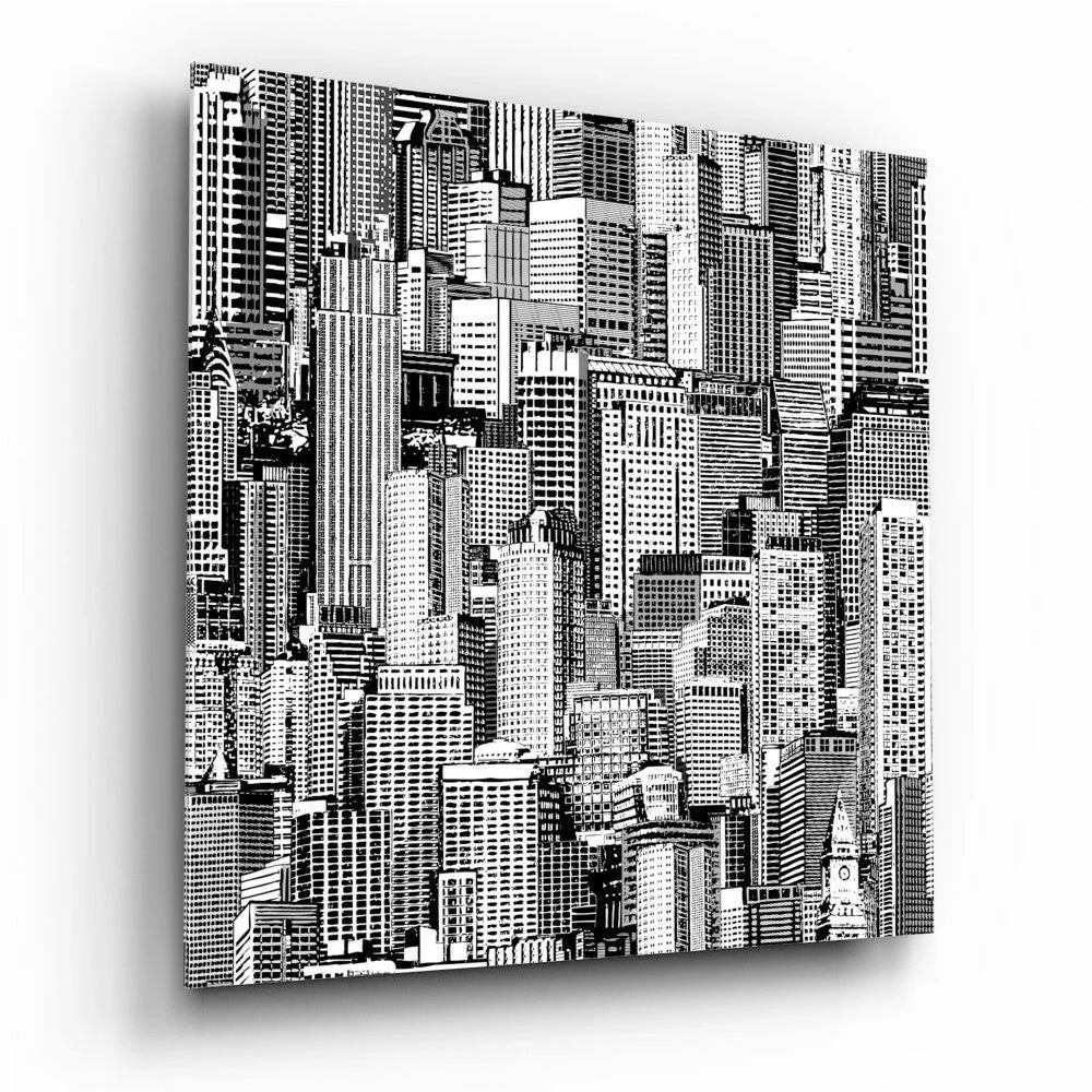 Black and white cityscape wall art canvas print with detailed lines