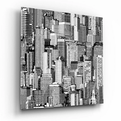 Black and white cityscape wall art canvas print with detailed lines