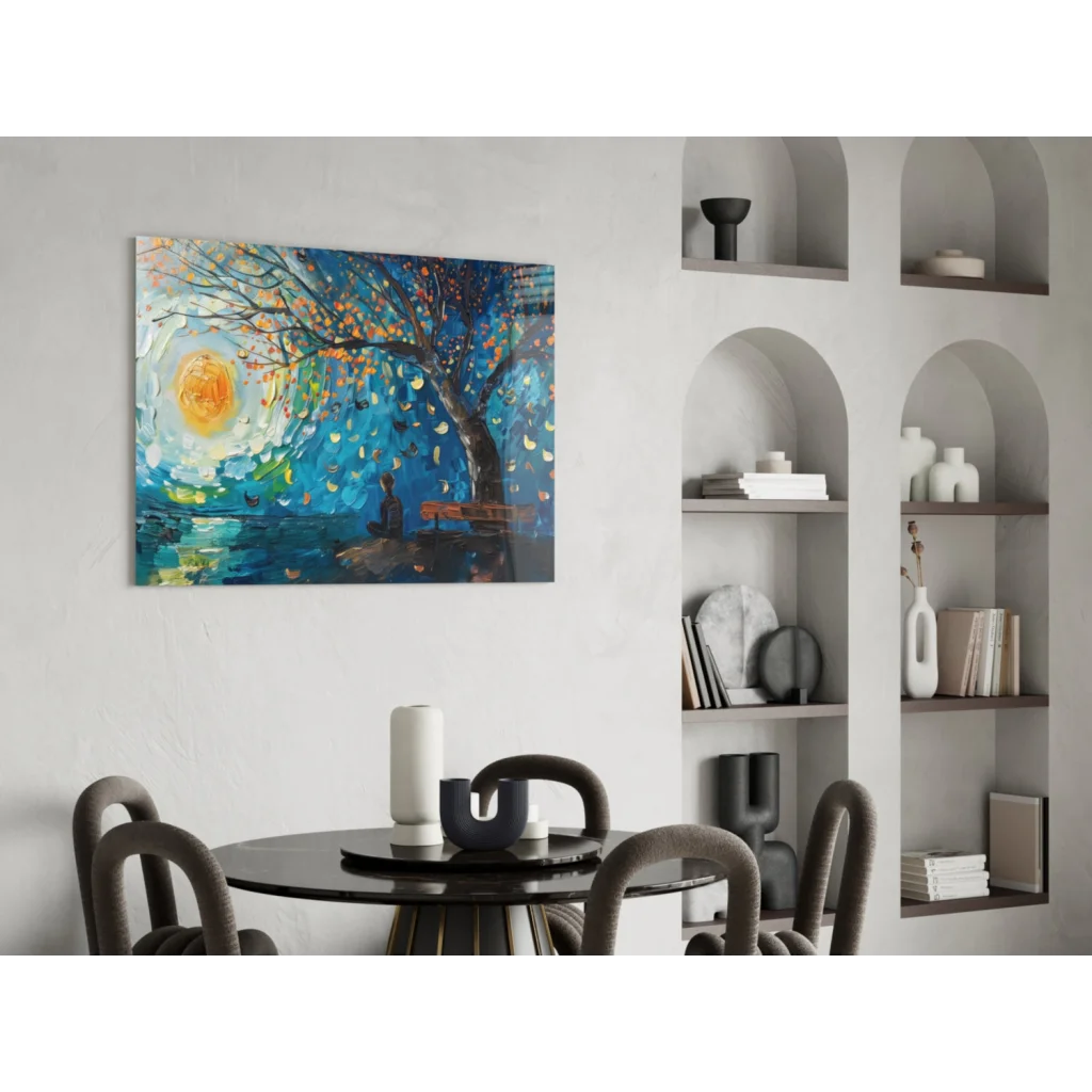 Vibrant autumn tree wall art with orange sun, blue sky, and water