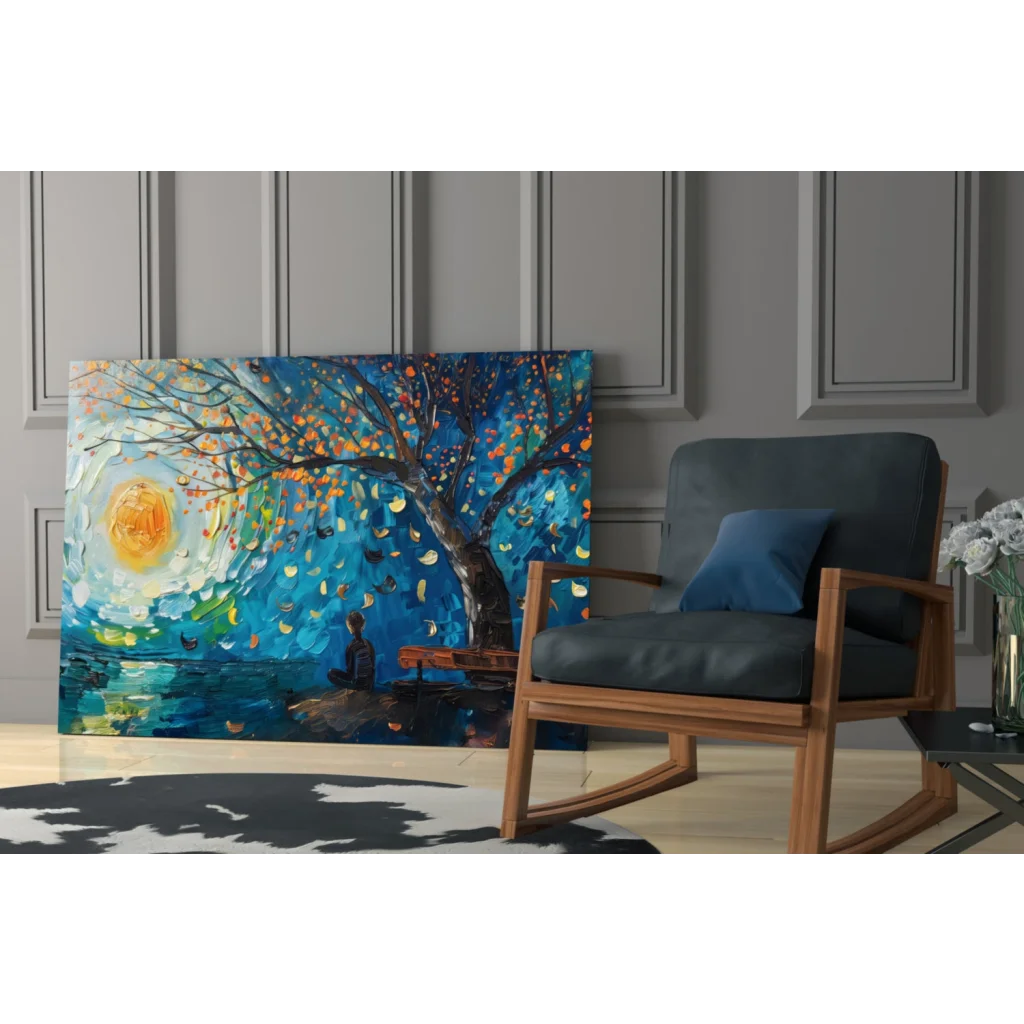 Vibrant blue orange abstract tree painting with falling leaves, sun glow on easel wall art