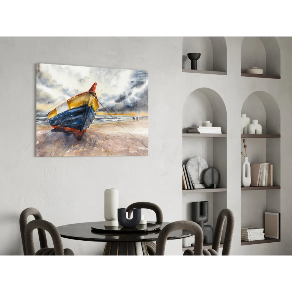 Watercolor glass wall art of weathered striped boat on beach under stormy skies