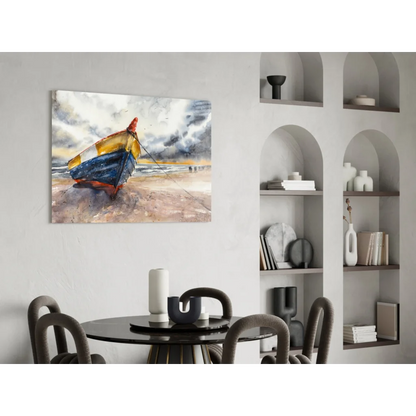 Watercolor glass wall art of weathered striped boat on beach under stormy skies