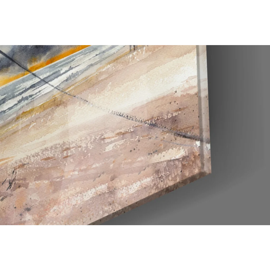 Abstract glass wall art print in textured beige, tan, orange on gray