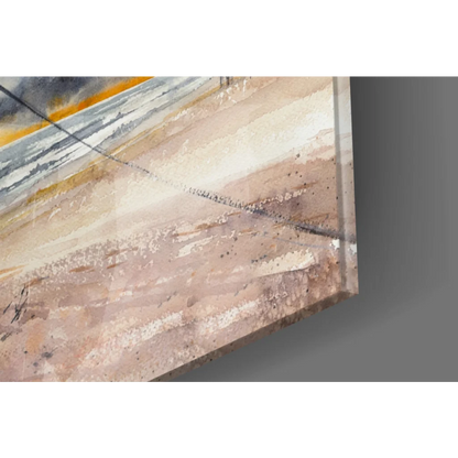 Abstract glass wall art print in textured beige, tan, orange on gray