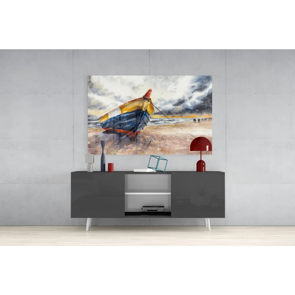 Watercolor glass wall art of weathered striped fishing boat on beach