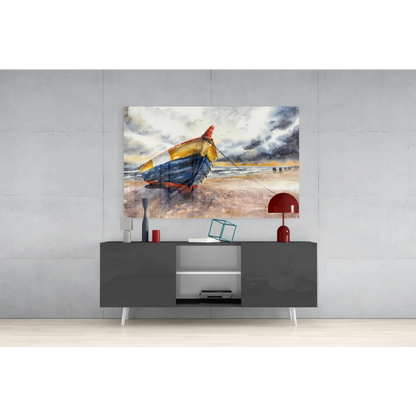 Watercolor glass wall art of weathered striped fishing boat on beach