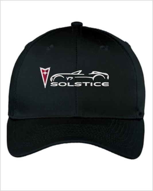 Front view of a black cap with white embroidered Solstice roadster outline, red and white Pontiac arrowhead, and SOLSTICE lettering.