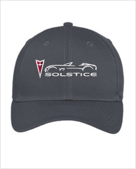 Front view of a dark grey cap with white embroidered roadster outline, red Pontiac arrowhead, and "SOLSTICE" lettering.