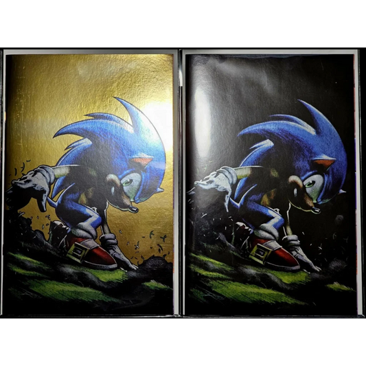 Two Sonic the Hedgehog comic book covers with gold and black backgrounds in the collection