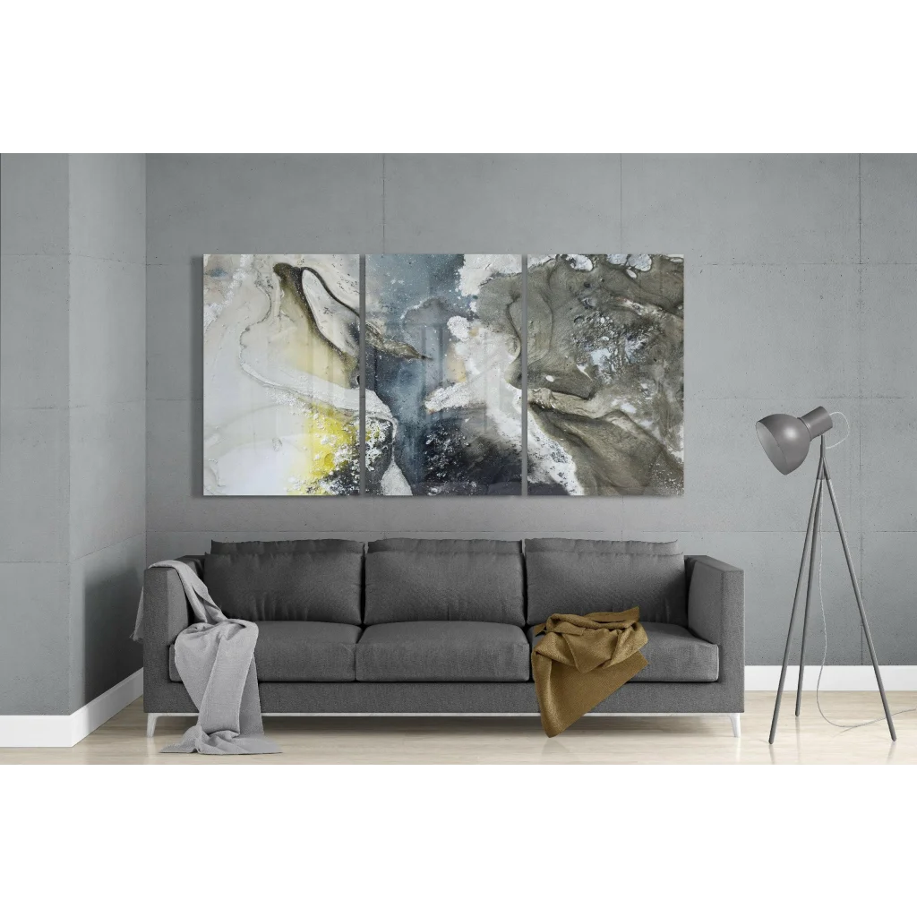 Swirling abstract glass wall art triptych in gray and yellow