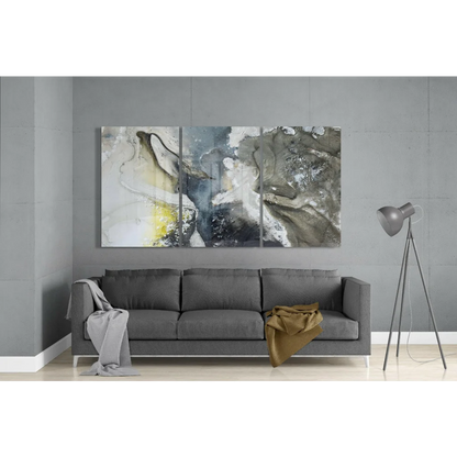 Swirling abstract glass wall art triptych in gray and yellow