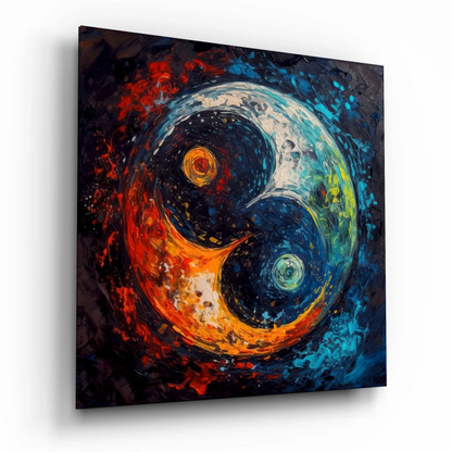 Vibrant fiery yin yang tempered glass art with orange blue swirls