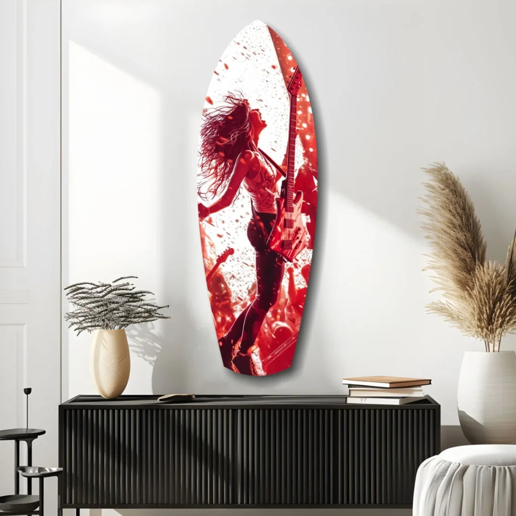 Vibrant red and white tempered glass art with dynamic guitarist silhouette on surfboard shape