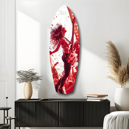 Vibrant red and white tempered glass art with dynamic guitarist silhouette on surfboard shape