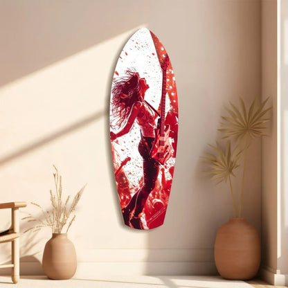 Vibrant red and white tempered glass art of guitarist on surfboard silhouette