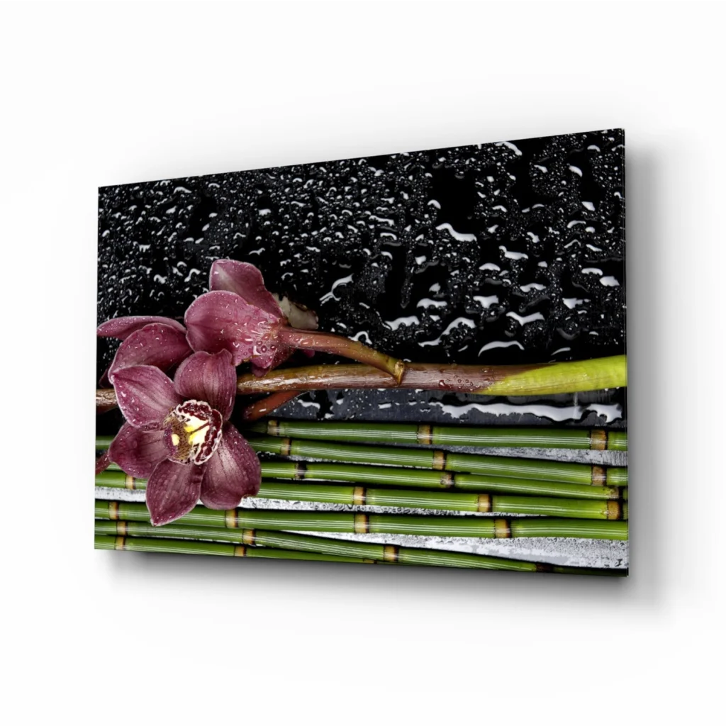 Vibrant purple orchid on green bamboo in dewdrop glass wall art