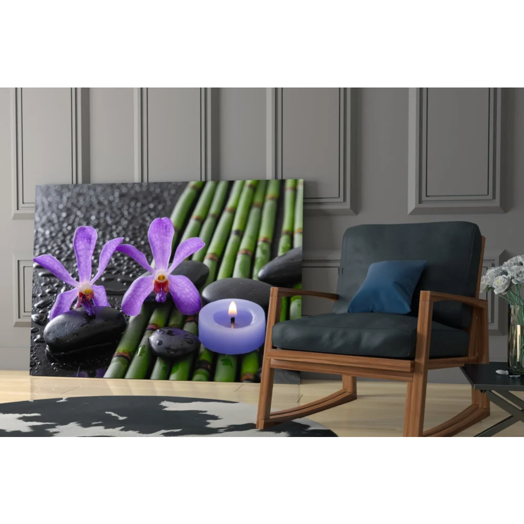 Purple orchid glass wall art with bamboo and stones