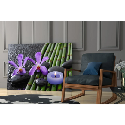 Purple orchid glass wall art with bamboo and stones
