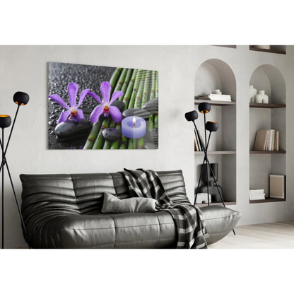 Purple Orchid Spa Glass Wall Art with Bamboo and Candles | Contemporary Home Wall Art | vintageantiquesgifts.com