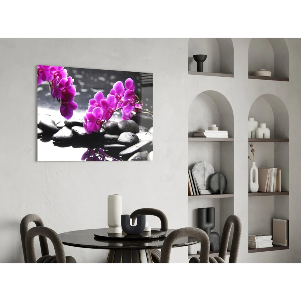 Vibrant purple orchids in black-and-white glass wall art print
