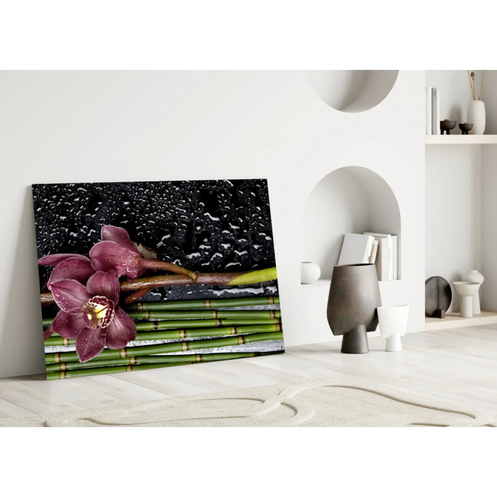 Vibrant purple orchid with dewdrops on green bamboo, canvas wall art print