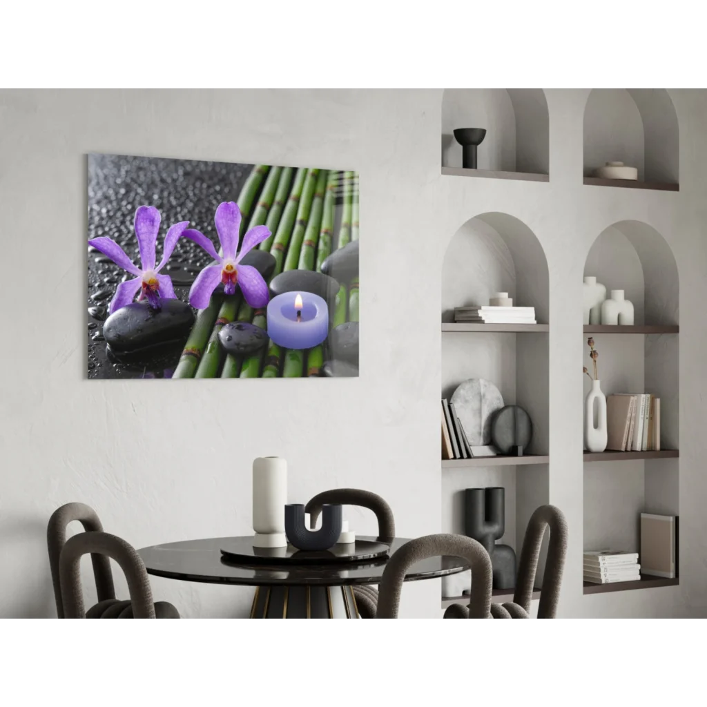 Purple orchid glass wall art with bamboo and candle on dark stones