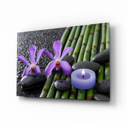 Purple Orchid Spa Glass Wall Art with Bamboo and Candles | Insigneart USA | vintageantiquesgifts.com