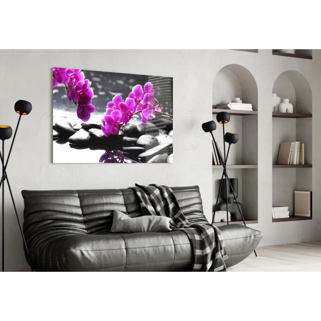Vibrant purple orchids in black-and-white glass wall art print