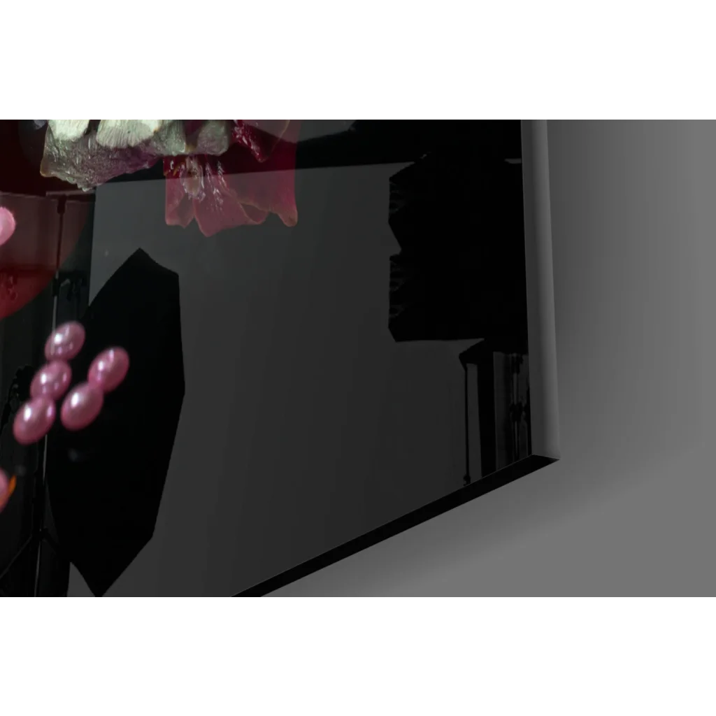 Pink balloons by black umbrella in glowing candles glass wall art