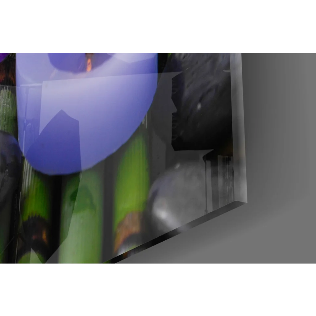 Vibrant Purple Orchid Spa glass wall art in acrylic case with bamboo and candles