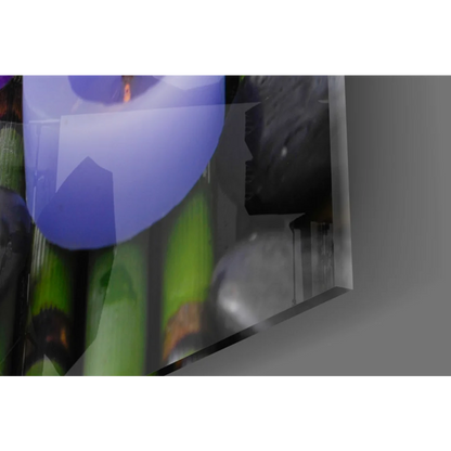Vibrant Purple Orchid Spa glass wall art in acrylic case with bamboo and candles