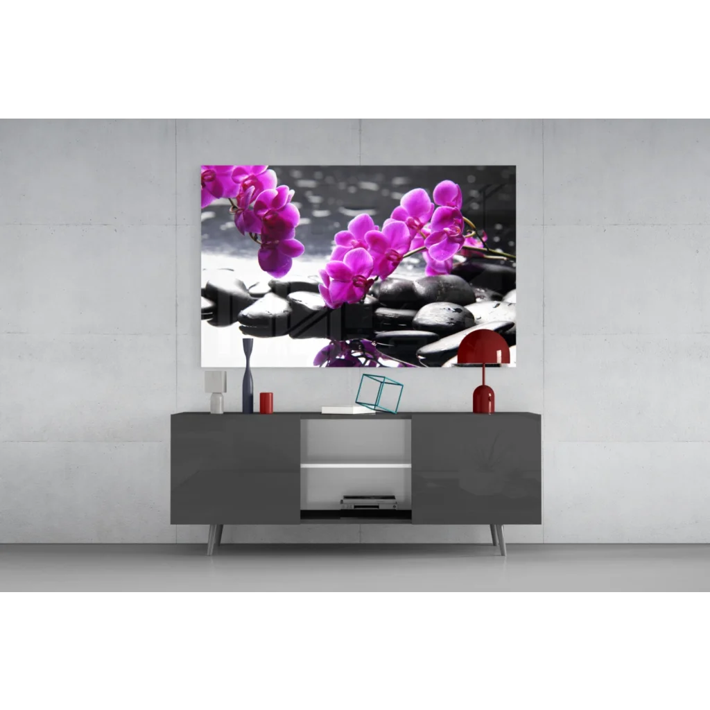 Vibrant purple orchids in black-and-white glass wall art print