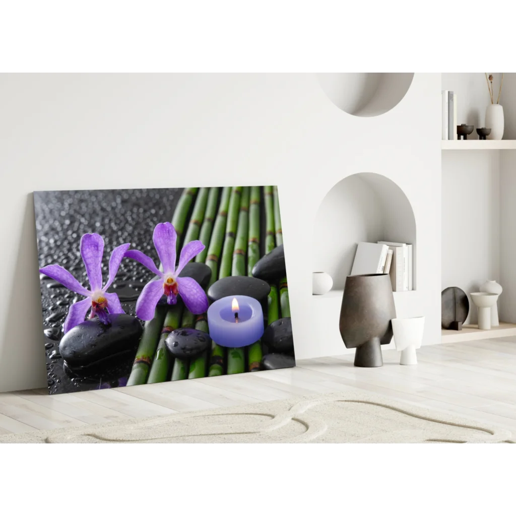 Purple Orchid Spa Glass Wall Art with Bamboo and Candles | Modern Wall Art Decor | vintageantiquesgifts.com