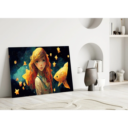 Vibrant cosmic girl with orange hair and golden fish glass wall art canvas