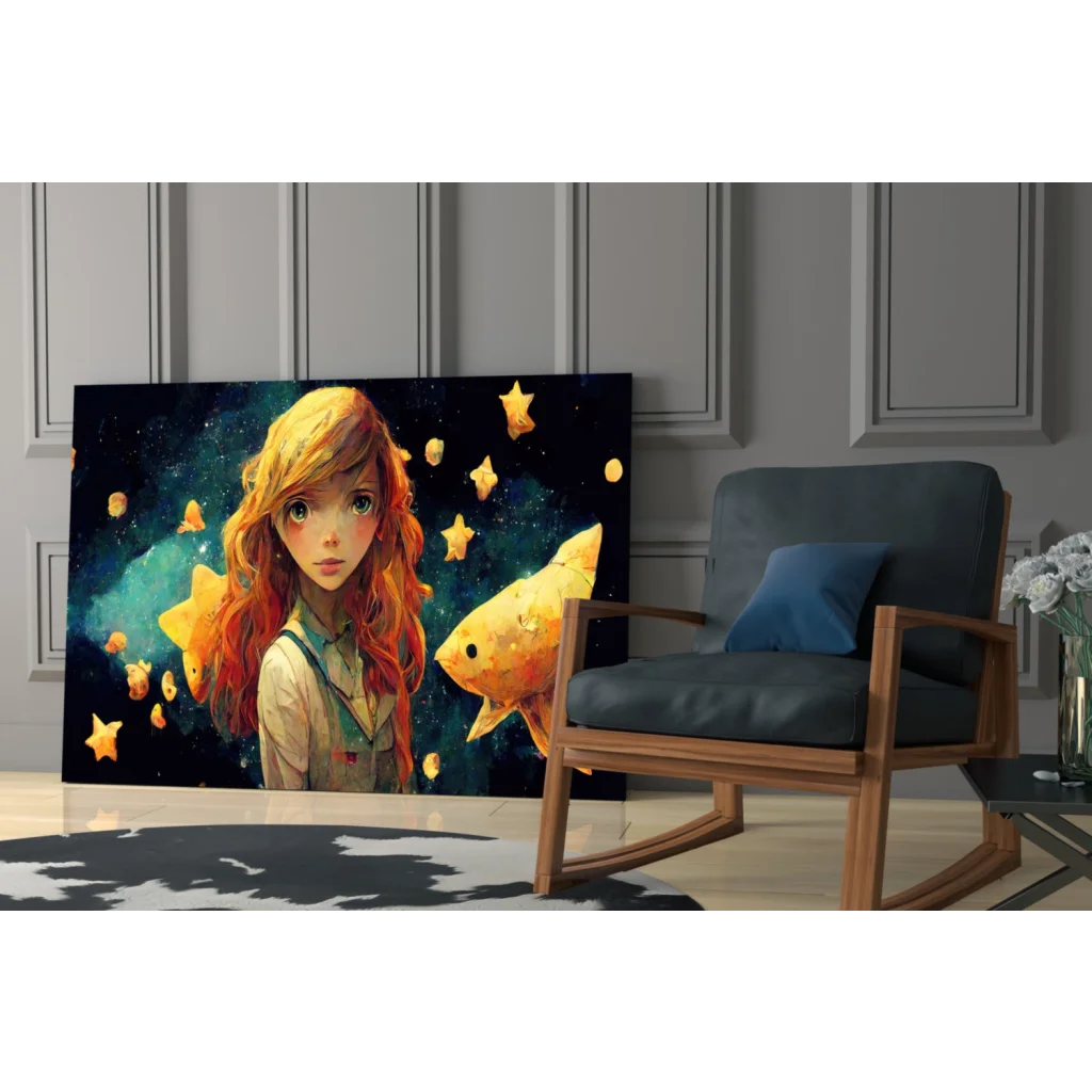 Vibrant cosmic girl with orange hair and golden fish glass wall art canvas print