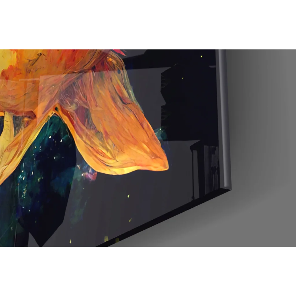 Vibrant cosmic girl with golden fish glass wall art canvas print