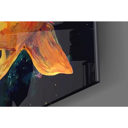 Vibrant cosmic girl with golden fish glass wall art canvas print