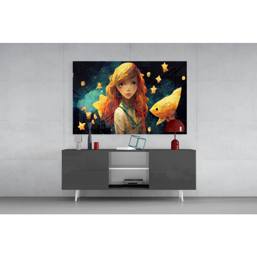 Vibrant cosmic girl glass wall art with orange hair, stars, and fish on black canvas