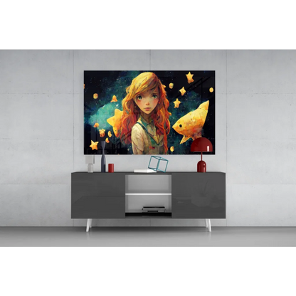 Vibrant cosmic girl glass wall art with orange hair, stars, and fish on black canvas