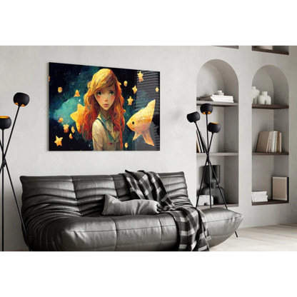 Cosmic Girl with Golden Fish glass wall art canvas print