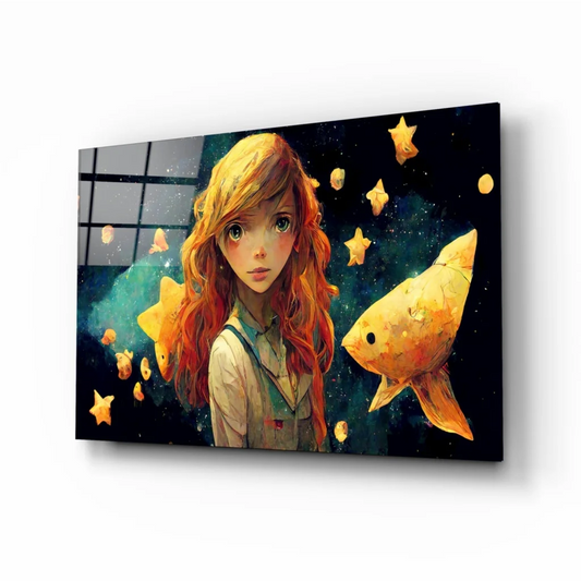 Cosmic Girl with Golden Fish glass wall art canvas print