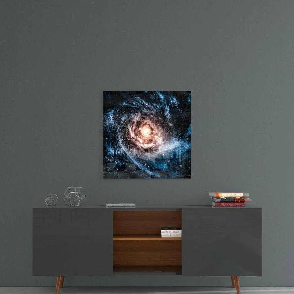 Vibrant cosmic spiral galaxy glass wall art on square canvas print