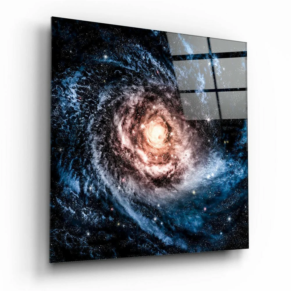 Vivid cosmic spiral galaxy glass wall art panel with orange core
