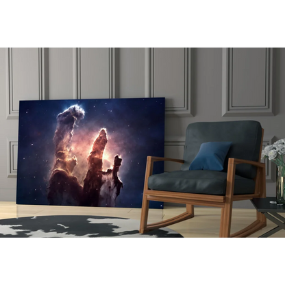 Vibrant cosmic nebula glass wall art with glowing orange purple pillars on starry blue sky