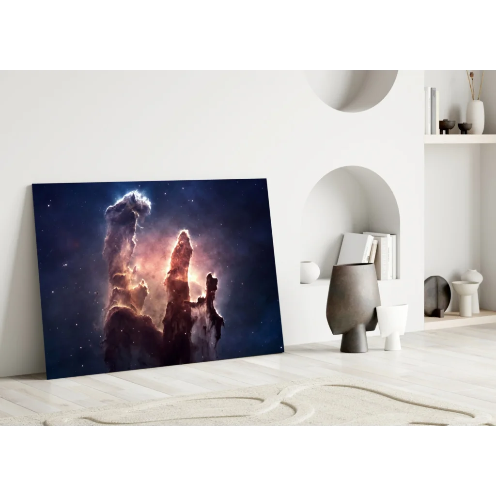 Cosmic Nebula Glass Wall Art Print Glowing Pillars of Creation | Modern Wall Art Decor | vintageantiquesgifts.com