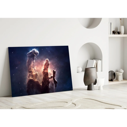 Cosmic Nebula Glass Wall Art Print Glowing Pillars of Creation | Modern Wall Art Decor | vintageantiquesgifts.com