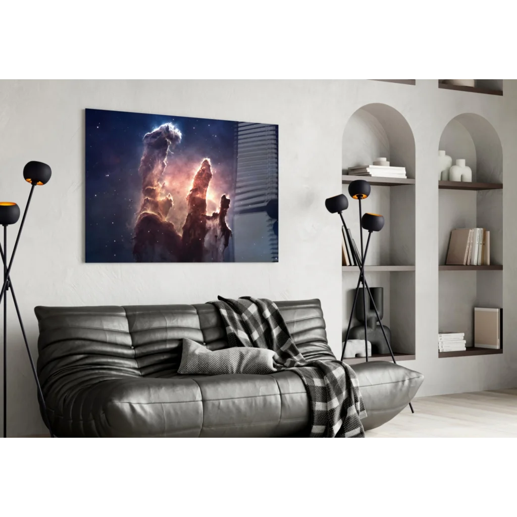 Cosmic Nebula Glass Wall Art Print Glowing Pillars of Creation | Contemporary Home Wall Art | vintageantiquesgifts.com