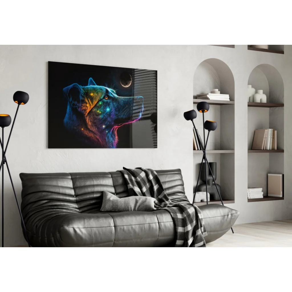 Cosmic Wolf Glass Wall Art with Glowing Galaxy Colors | Contemporary Home Wall Art | vintageantiquesgifts.com