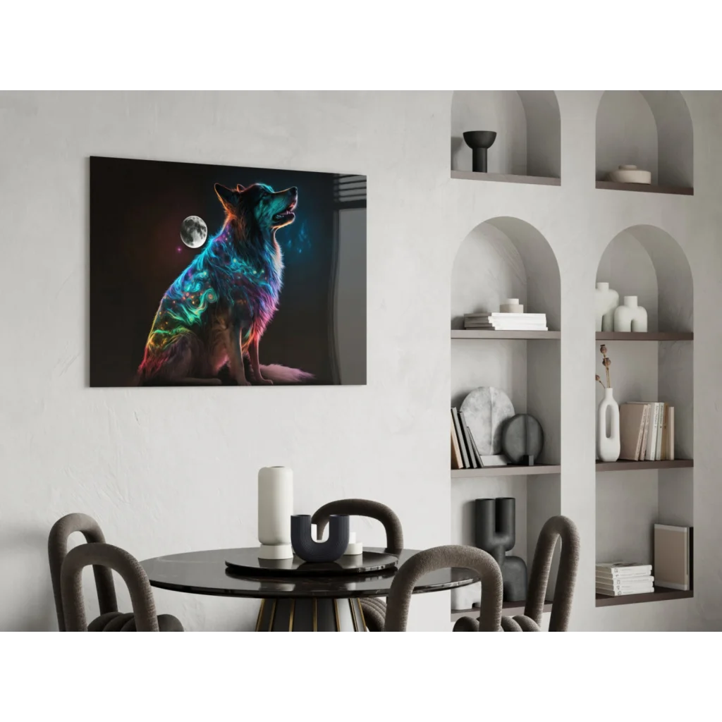 Vibrant neon wolf howling under cosmic moon wall art