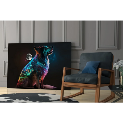 Vibrant neon wolf canvas wall art with cosmic swirls and glowing moon